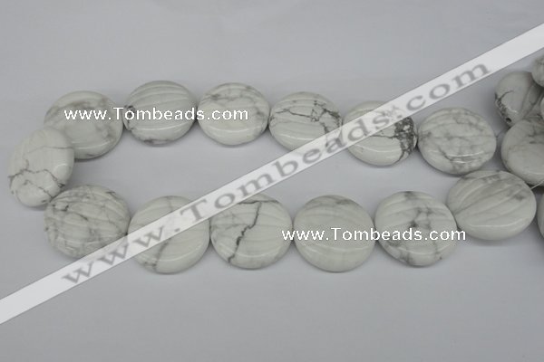 CWB65 15.5 inches 30mm carved coin natural white howlite beads