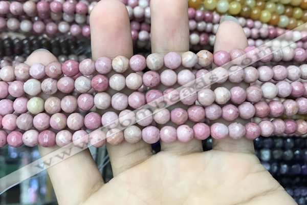 CWF09 15.5 inches 4mm faceted round pink wooden fossil jasper beads