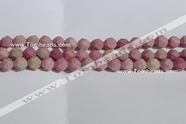 CWF33 12mm faceted nuggets matte pink wooden fossil jasper beads