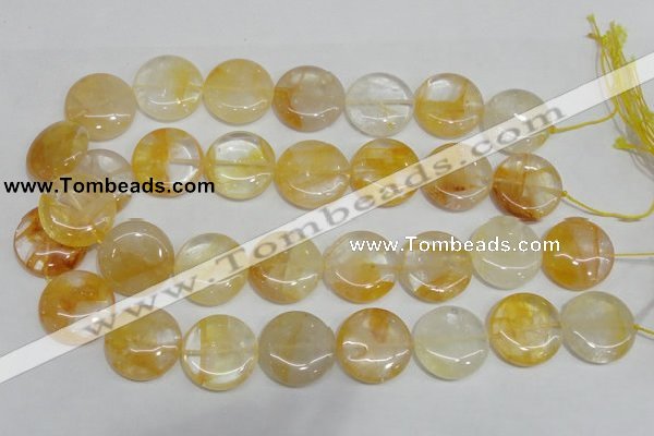 CYC07 15.5 inches 25mm flat round yellow crystal quartz beads