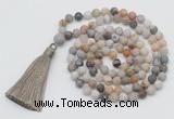 GMN1005 Hand-knotted 8mm, 10mm matte bamboo leaf agate 108 beads mala necklaces with tassel
