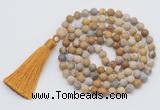 GMN1006 Hand-knotted 8mm, 10mm matte fossil coral 108 beads mala necklaces with tassel