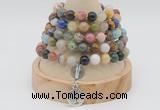 GMN1150 Hand-knotted 8mm, 10mm mixed gemstone 108 beads mala necklaces with charm