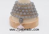 GMN1187 Hand-knotted 8mm, 10mm grey agate 108 beads mala necklaces with charm