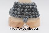 GMN1267 Hand-knotted 8mm, 10mm snowflake obsidian 108 beads mala necklaces with charm