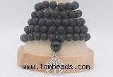 GMN1275 Hand-knotted 8mm, 10mm black lava 108 beads mala necklaces with charm