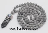 GMN1444 Hand-knotted 8mm, 10mm grey picture jasper 108 beads mala necklace with pendant