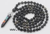 GMN1475 Hand-knotted 8mm, 10mm golden obsidian 108 beads mala necklace with pendant