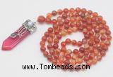 GMN1527 Hand-knotted 8mm, 10mm red banded agate 108 beads mala necklace with pendant
