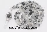 GMN1545 Hand-knotted 8mm, 10mm black rutilated quartz 108 beads mala necklace with pendant
