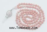 GMN1553 Knotted 8mm, 10mm Chinese pink opal 108 beads mala necklace with pendant