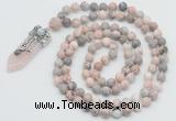 GMN1555 Knotted 8mm, 10mm pink zebra jasper 108 beads mala necklace with pendant