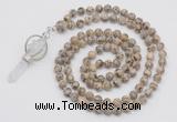 GMN1557 Knotted 8mm, 10mm feldspar 108 beads mala necklace with pendant