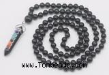 GMN1561 Knotted 8mm, 10mm black obsidian 108 beads mala necklace with pendant