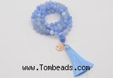GMN1753 Knotted 8mm, 10mm blue banded agate 108 beads mala necklace with tassel & charm