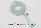 GMN1754 Knotted 8mm, 10mm sea blue banded agate 108 beads mala necklace with tassel & charm