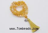 GMN1755 Knotted 8mm, 10mm yellow banded agate 108 beads mala necklace with tassel & charm
