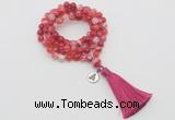 GMN1756 Knotted 8mm, 10mm red banded agate 108 beads mala necklace with tassel & charm