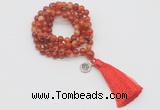 GMN1757 Knotted 8mm, 10mm red banded agate 108 beads mala necklace with tassel & charm