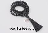 GMN1758 Knotted 8mm, 10mm black banded agate 108 beads mala necklace with tassel & charm