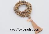 GMN1775 Knotted 8mm, 10mm picture jasper 108 beads mala necklace with tassel & charm