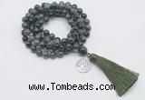 GMN1779 Knotted 8mm, 10mm kambaba jasper 108 beads mala necklace with tassel & charm
