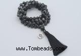 GMN1795 Knotted 8mm, 10mm black labradorite 108 beads mala necklace with tassel & charm