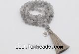 GMN1818 Knotted 8mm, 10mm cloudy quartz 108 beads mala necklace with tassel & charm