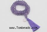 GMN1821 Knotted 8mm, 10mm amethyst 108 beads mala necklace with tassel & charm