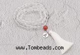 GMN1822 Knotted 8mm, 10mm white crystal 108 beads mala necklace with tassel & charm