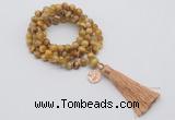 GMN1825 Knotted 8mm, 10mm golden tiger eye 108 beads mala necklace with tassel & charm