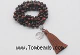 GMN1829 Knotted 8mm, 10mm red tiger eye 108 beads mala necklace with tassel & charm