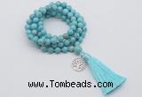 GMN1837 Knotted 8mm, 10mm blue howlite 108 beads mala necklace with tassel & charm