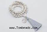 GMN1838 Knotted 8mm, 10mm white howlite 108 beads mala necklace with tassel & charm