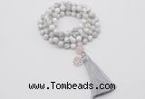 GMN1839 Knotted 8mm, 10mm white howlite 108 beads mala necklace with tassel & charm