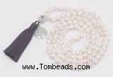 GMN1856 Knotted 8mm, 10mm faceted Tibetan agate 108 beads mala necklace with tassel & charm