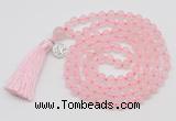 GMN1872 Knotted 8mm, 10mm rose quartz 108 beads mala necklace with tassel & charm