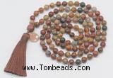 GMN1878 Knotted 8mm, 10mm picasso jasper 108 beads mala necklace with tassel & charm