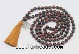 GMN1879 Knotted 8mm, 10mm red tiger eye 108 beads mala necklace with tassel & charm