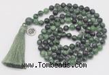 GMN1880 Knotted 8mm, 10mm ruby zoisite 108 beads mala necklace with tassel & charm