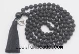 GMN1882 Knotted 8mm, 10mm black lava 108 beads mala necklace with tassel & charm