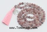 GMN1886 Knotted 8mm, 10mm purple strawberry quartz 108 beads mala necklace with tassel & charm