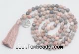 GMN1890 Knotted 8mm, 10mm pink zebra jasper 108 beads mala necklace with tassel & charm