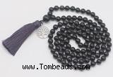 GMN1896 Knotted 8mm, 10mm black obsidian 108 beads mala necklace with tassel & charm