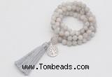 GMN2001 Knotted 8mm, 10mm matte white crazy agate 108 beads mala necklace with tassel & charm