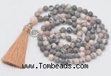 GMN2029 Knotted 8mm, 10mm matte pink zebra jasper 108 beads mala necklace with tassel & charm