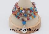 GMN2400 Hand-knotted 6mm colorful banded agate 108 beads mala necklace with charm