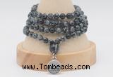 GMN2462 Hand-knotted 6mm snowflake obsidian 108 beads mala necklaces with charm