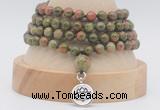 GMN2473 Hand-knotted 6mm unakite 108 beads mala necklaces with charm