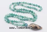 GMN4010 Hand-knotted 8mm, 10mm green banded agate 108 beads mala necklace with pendant